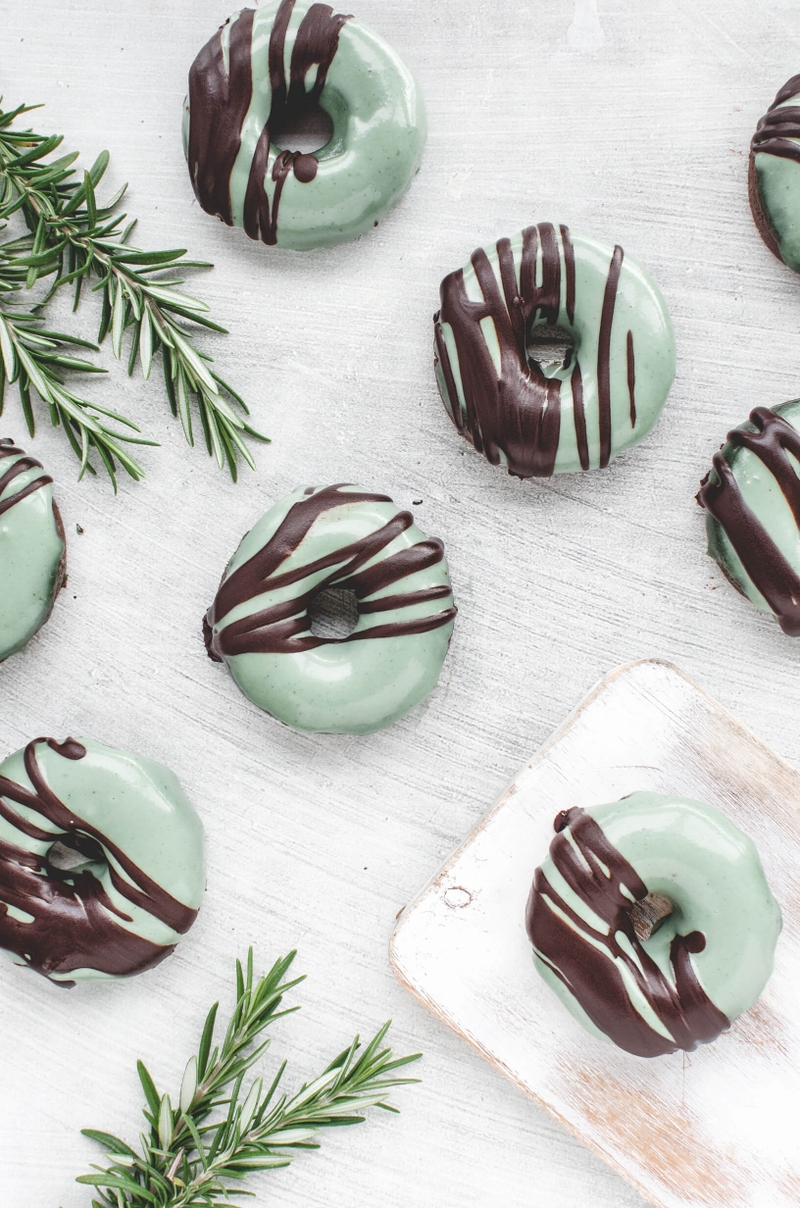 Chocolate Mint Donuts on grey background