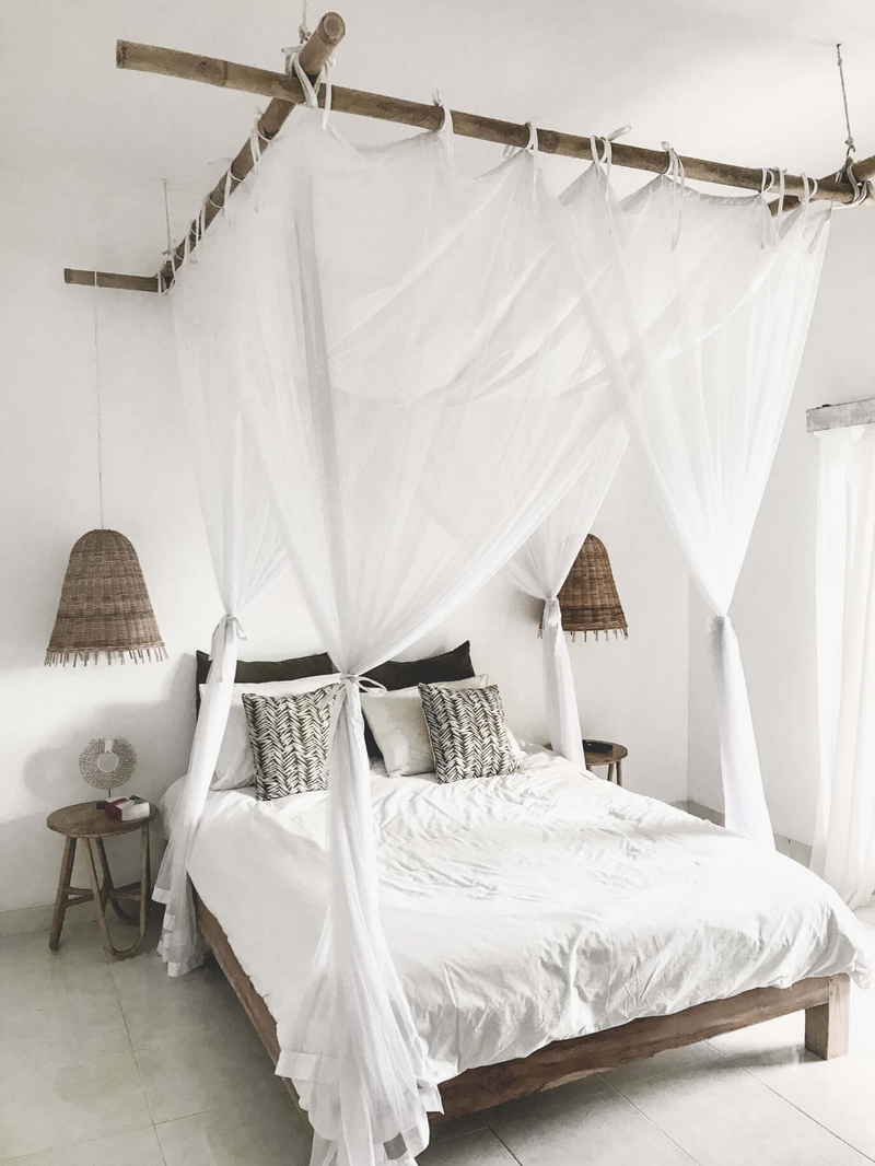 Bamboo Bed Frame with white linen